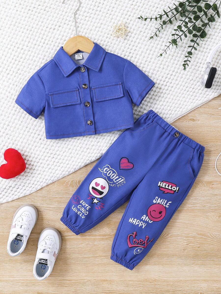 SHEIN 嬰兒女童休閒藍色短袖夾克和卡通圖案彈性腰長褲套裝 - 深色水洗藍 - 查看 1