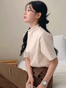 DAZY 女士褶皺短袖t卹 - 杏色 - 查看 5