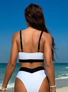 SHEIN Swim 拼色分体比基尼套装 夏日海滩 - 黑與白 - 查看 2