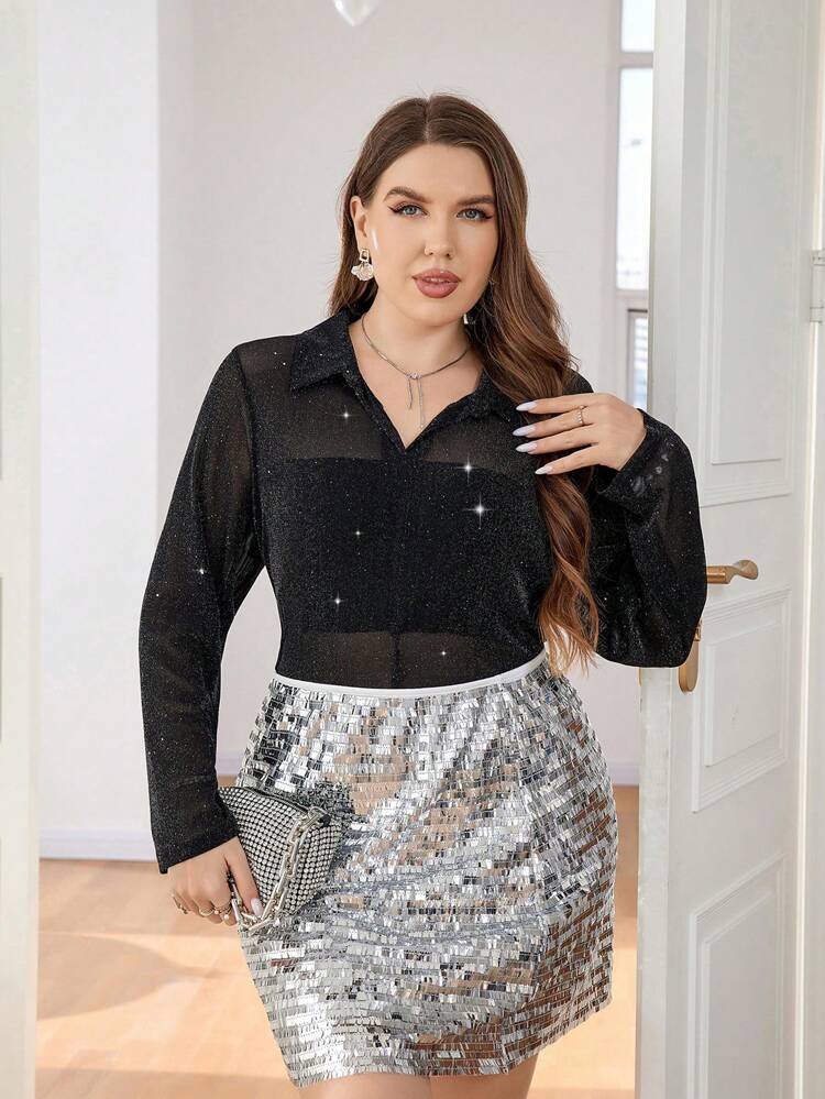 Plus Size Sparkly See-Through Mesh Shirt For Music Festivals