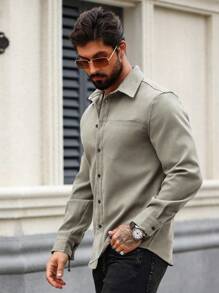 Manfinity Homme Men's Solid Color Long Sleeve Shirt - Grey - View 5