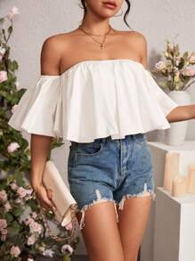 Chiquease Màu thuần Hình-quạt Xích đu Off Shoulder Áo sơ mi - trắng - Xem 6