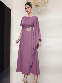 Modelyn Arabic Style Bell Sleeve Round Neck Dress - Purple - View 3