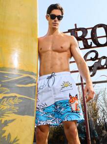 Manfinity Men's Cartoon & Wave Printed Beach Shorts With Slanted Pockets - Blue and White - View 6