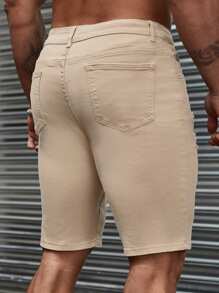 Manfinity LEGND 男士紧身破洞牛仔短裤纯色牛仔短裤卡其色派对牛仔短裤，适合送给老公、男朋友的礼物 - 杏色 - 查看 2
