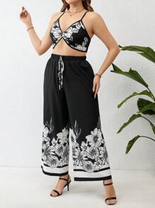 Breezaya Plus Size Women's Floral Print Tank Top And Loose Pants Two Pieces Set