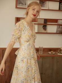 Simple Retro Women Kora Floral Printed Dress - Yellow - View 3