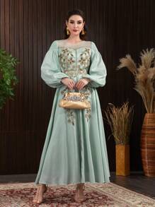 Modelyn Flower Embroidered Lantern Sleeve Net Patchwork Arab Dress Eid Dress - Green - View 5