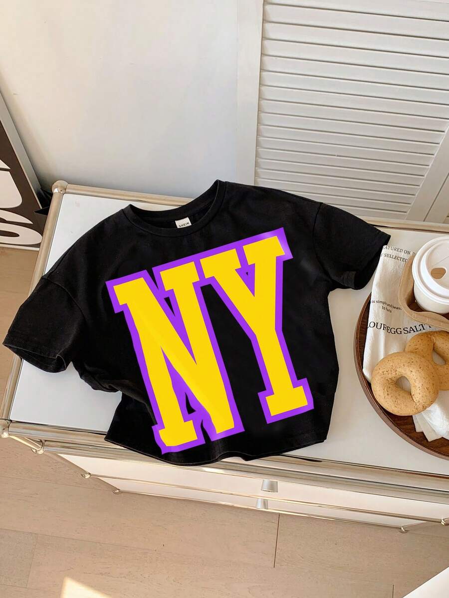 Young Boy Casual Comfortable English Letter Printed Short Sleeve T-Shirt - Black - View 1