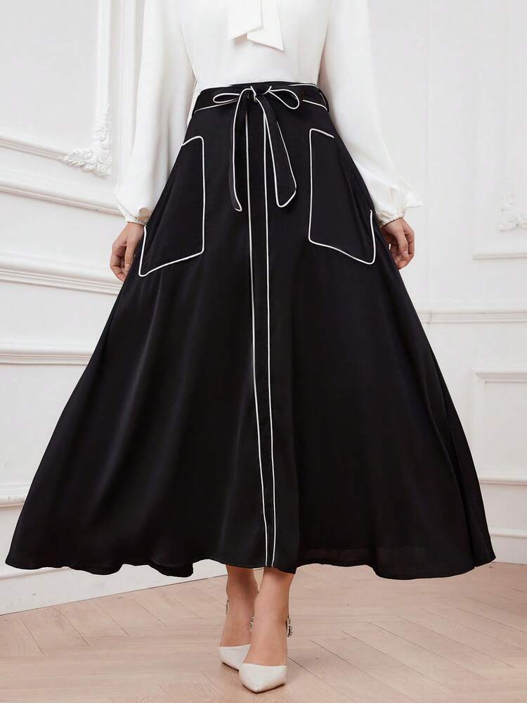Color-Block Rolled Hem A-Line Skirt Fall Cloth For Women