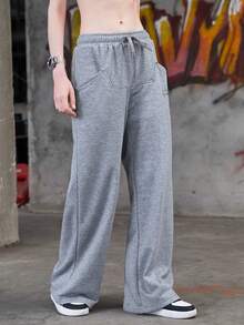 SHEIN Sports Của phụ nữ Lỏng lẻo phù hợp Dây rút Quần thể thao - Xám - Xem 3