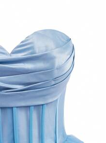 SHEIN Belle 露肩连衣裙，采用网眼拼接缎面和多层不对称网眼蓬松下摆，上衣为透明，适合晚会（重磅款） - 藍色 - 查看 11