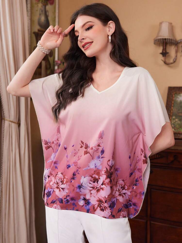 Women's Flower Print Ombre Batwing Sleeve Shirt