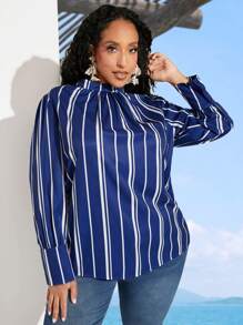 SHEIN CURVE+ Plus Size Women's Stand Collar Striped Button-Down Shirt With Long Sleeves - Blue - View 3