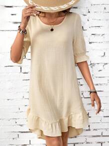 SHEIN LUNE Round Neck Bell Sleeve High-Low Hem Dress