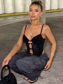 SHEIN BAE 女士蕾絲修邊斑馬紋吊帶上衣 - 白色 - 查看 5