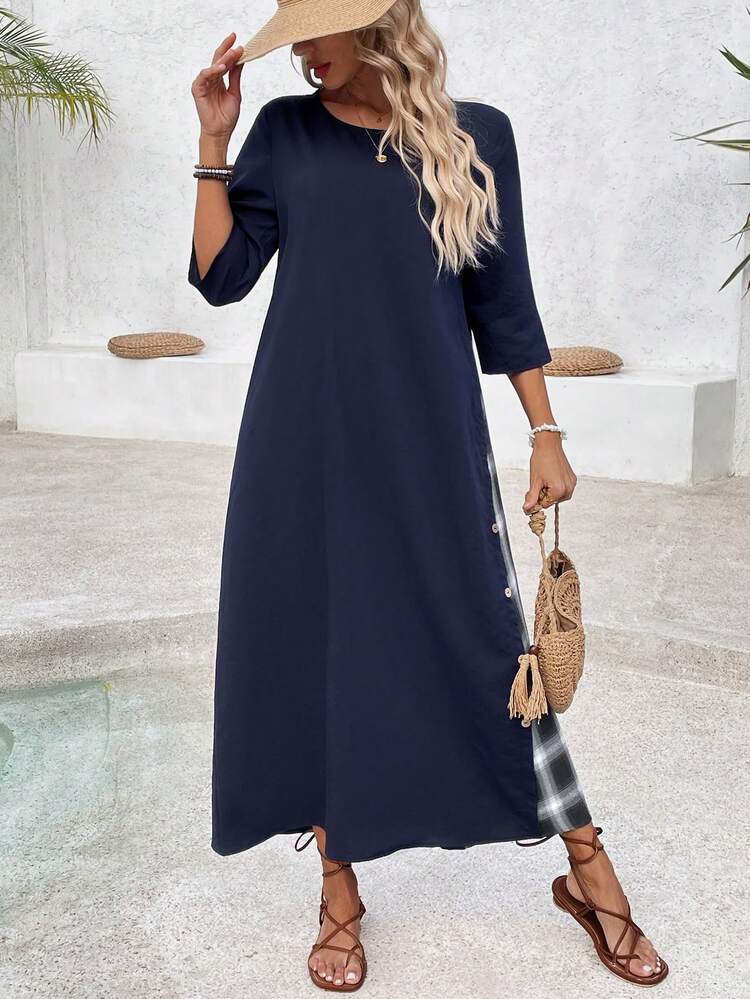 Women's Plaid Patchwork Decorated Buttoned Dress