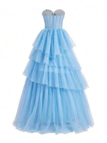 SHEIN Belle 露肩连衣裙，采用网眼拼接缎面和多层不对称网眼蓬松下摆，上衣为透明，适合晚会（重磅款） - 藍色 - 查看 10