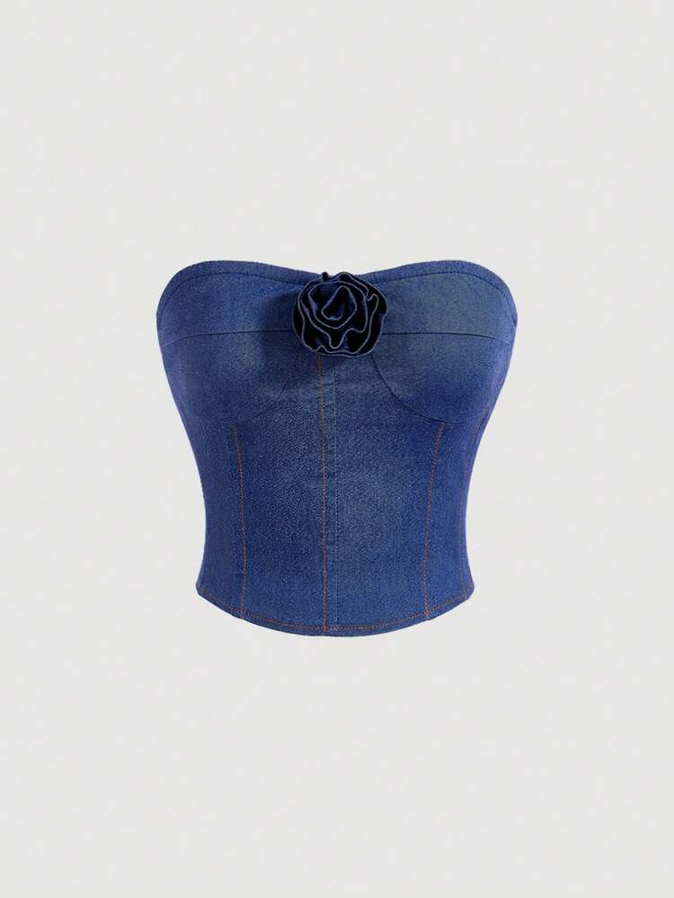 Floral Decoration Strapless Crop Top With 3d Design,Country Concert Tops,Denim Effect