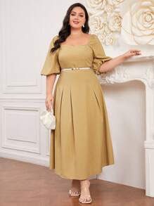 Modelyn Vestido de talla grande para mujer con cuello cuadrado y mangas cortas abullonadas, vestido de invitada de boda - Amarillo - Ver 3