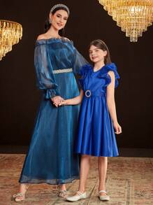 SHEIN 少女可爱优雅华丽V领荷叶边中长连衣裙，裙摆呈喇叭形 - 藍色 - 查看 6