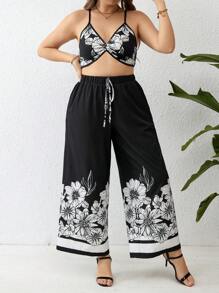Breezaya Plus Size Women's Floral Print Tank Top And Loose Pants Two Pieces Set