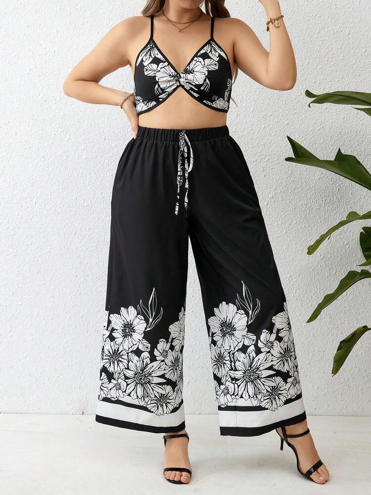 Plus Size Women's Floral Print Tank Top And Loose Pants Two Pieces Set