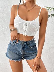 Chiquease Women's Knitted Shell Edge Front Tie Spaghetti Strap Tank Top - White - View 4