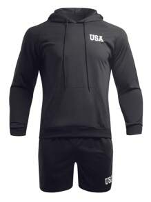 Gym Rark Men's Letter Print Raglan Sleeve Hoodie And Shorts Set, Athletic Suit, Tracksuit Gym Set Workout Set - Black - View 1