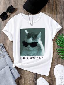 SHEIN Camiseta de cuello redondo cómoda con estampado gráfico minimalista de gato de moda callejera linda para niñas