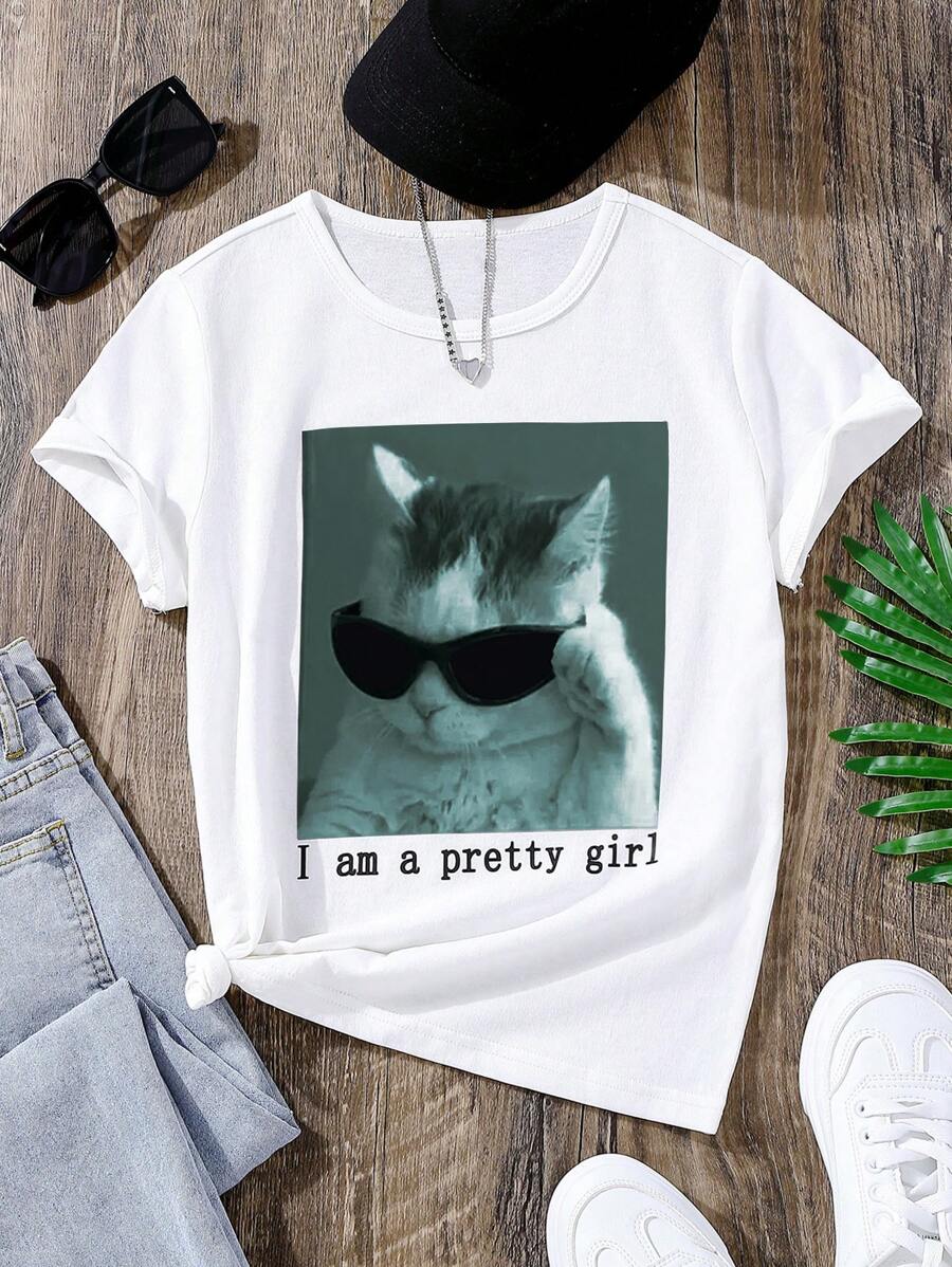 SHEIN Camiseta de cuello redondo cómoda con estampado gráfico minimalista de gato de moda callejera linda para niñas