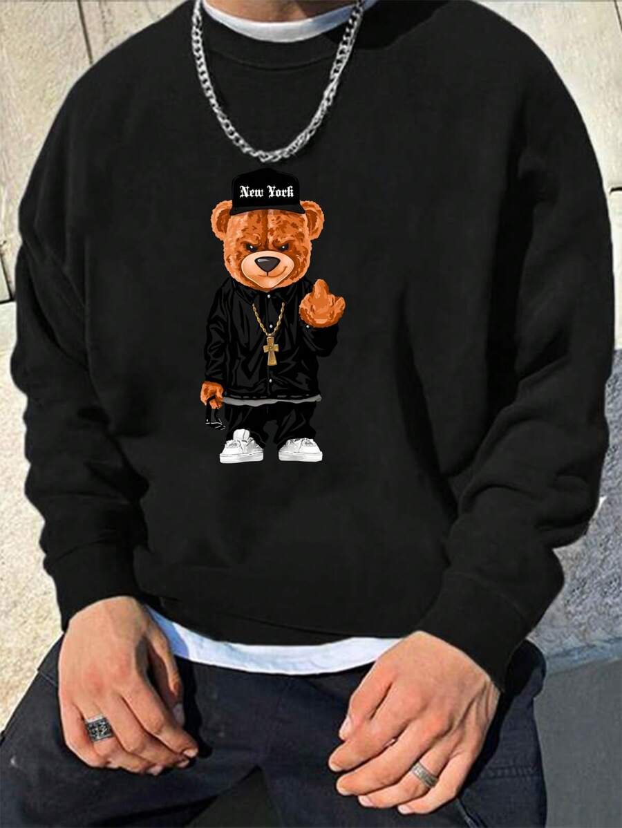 Men's Cartoon Pattern Crew Neck Sweatshirt - Black - View 1