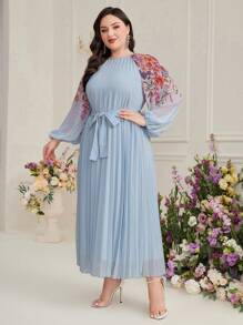 Modelyn 大尺寸褶皺長袖花卉印花插肩袖連身裙 - 藍色 - 查看 4