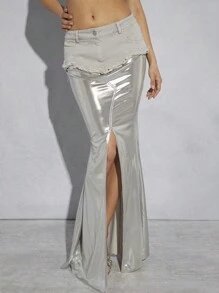 Hauture Women's Mixed Material Skirt With Frayed Detailing, Slit Hem And Split Design - Grey - View 5