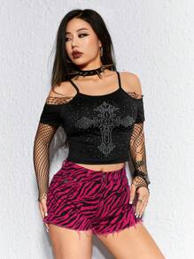 ROMWE Goth Cold Shoulder Cross Rhinestone Embellished Short Sleeve T-Shirt - Black - View 5