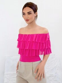 SHEIN Privé Women's Romantic Off Shoulder For Summer Clothing Tiered Tulle  Layered Ruffle Hem Cake Party Wear Top - Hot Pink - View 3