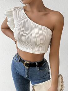 SHEIN Essnce Women's Textured One Shoulder Puff Sleeve Top - White - View 6