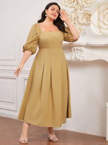 Modelyn Vestido de talla grande para mujer con cuello cuadrado y mangas cortas abullonadas, vestido de invitada de boda - Amarillo - Ver 8