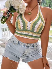 Flirla Plus Size Women's Hollow Out Halter Knitted Top