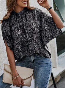 SHEIN Clasi Allover Print Batwing Sleeve Tie Back Blouse - Black and White - View 5