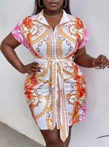 SHEIN Slayr Kích thước lớn In Dây chuyền Mặt trước Nút Xếp li Đầm - Nhiều màu - Xem 1