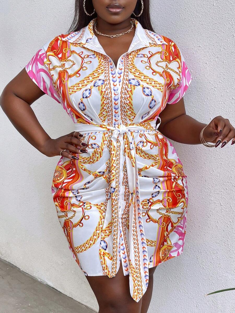 SHEIN Slayr Kích thước lớn In Dây chuyền Mặt trước Nút Xếp li Đầm - Nhiều màu - Xem 1