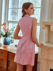 Aveloria Einreihiges Kariertes Ärmelloses Damenkleid Mit Reverskragen