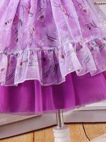 SHEIN 少女花卉印花拼接蓬蓬袖連衣裙 - 紫色 - 查看 3