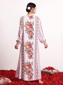 Divindia Striped Spliced Floral Printed Lantern Sleeve Dress