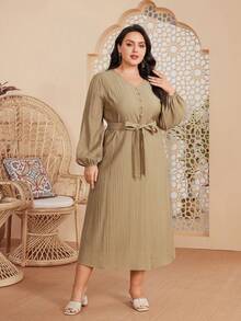 Mulvari Plus Size Solid Color Lantern Sleeve Dress - Khaki - View 4