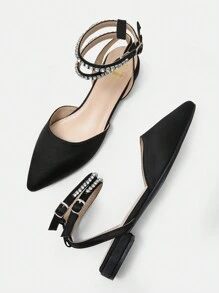 Ladies' Comfortable Pointed Toe Flat Shoes With Rhinestone Strap - Black - View 7