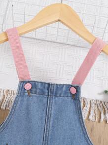 SHEIN Young Girls' Lovely Pink Straps & Cute Printed Denim Dungaree Shorts - Light Wash - View 4