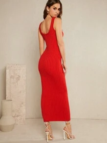 L'Amorae Ladder Cut Out Ribbed Knit Sleeveless Dress - Red - View 2