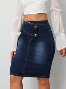 女式不对称腰带水洗牛仔铅笔裙 - 中等水洗藍 - 查看 3